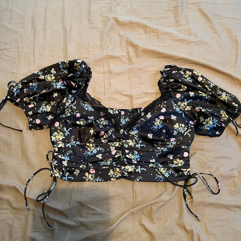 For Love And Lemons Black and White Puff Sleeve Crop Top